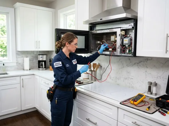 Appliance Repair Hero technician testing an over-the-range microwave in a Advance, IN kitchen